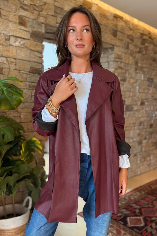 Made in Italy Runa Leather Look Relaxed Blazer Burgundy